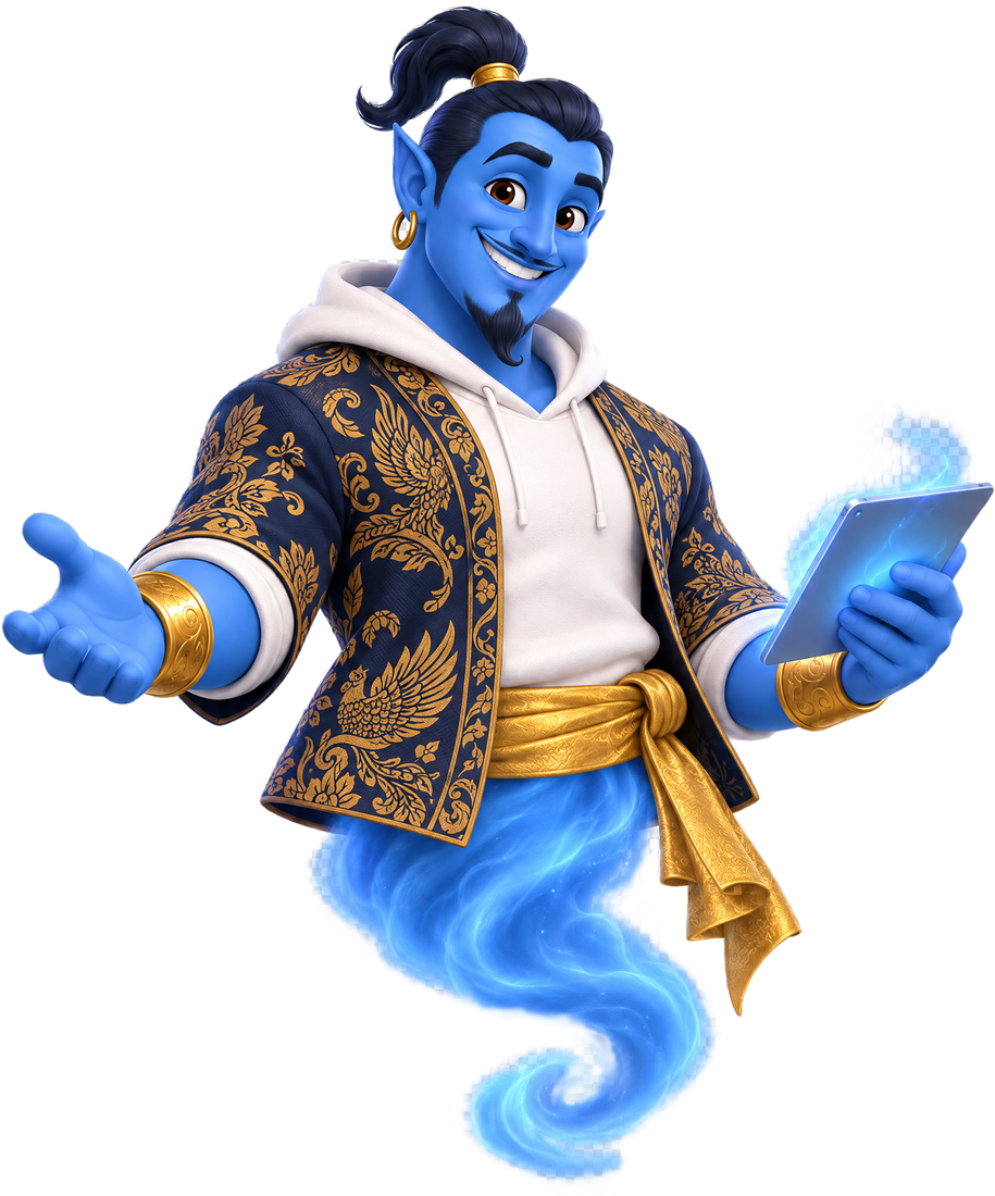 Pak Jin — maskot jin biru ramah bawa tablet